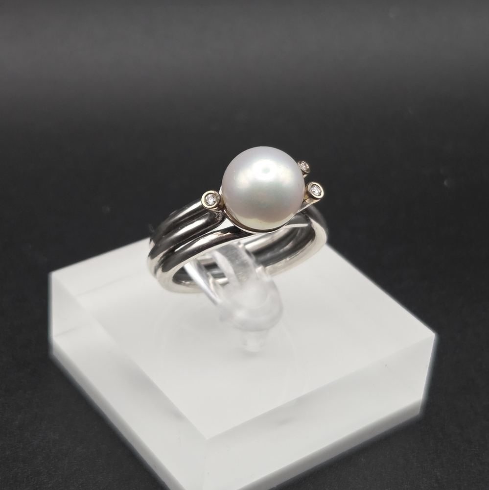 Pandora Ring "Woven Splendor" Sterling Silver 14 Kt Diamond &  Cultured Pearl - Picture 2 of 5